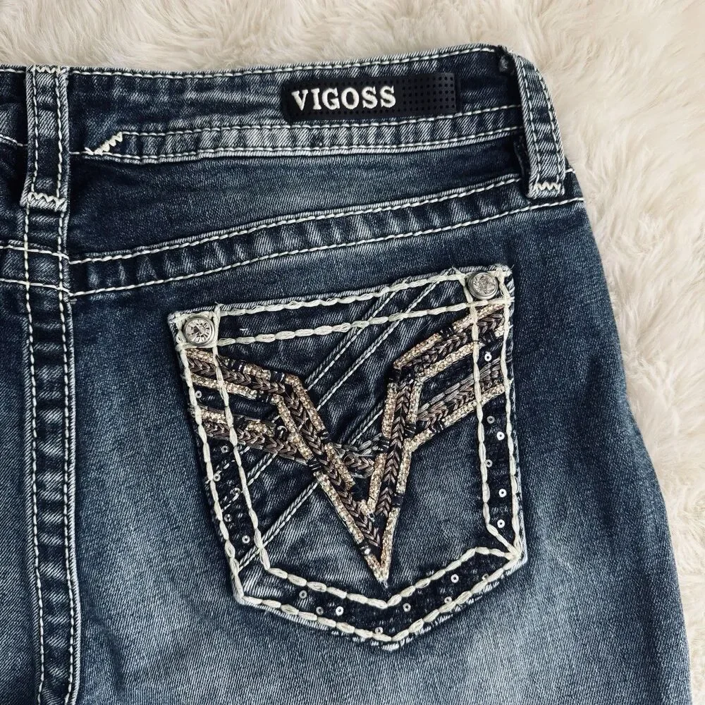 Vigoss Capri Jeans 8 (30x21) Blue Embellished Sequin Denim Stretch Womens Casual